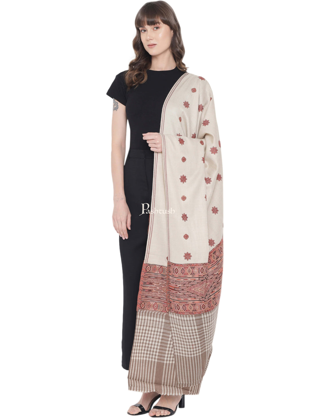 Pashtush India Womens Shawls Pashtush Womens Kashmiri Shawl, Woollen, Checkered Stitched Palla, Beige