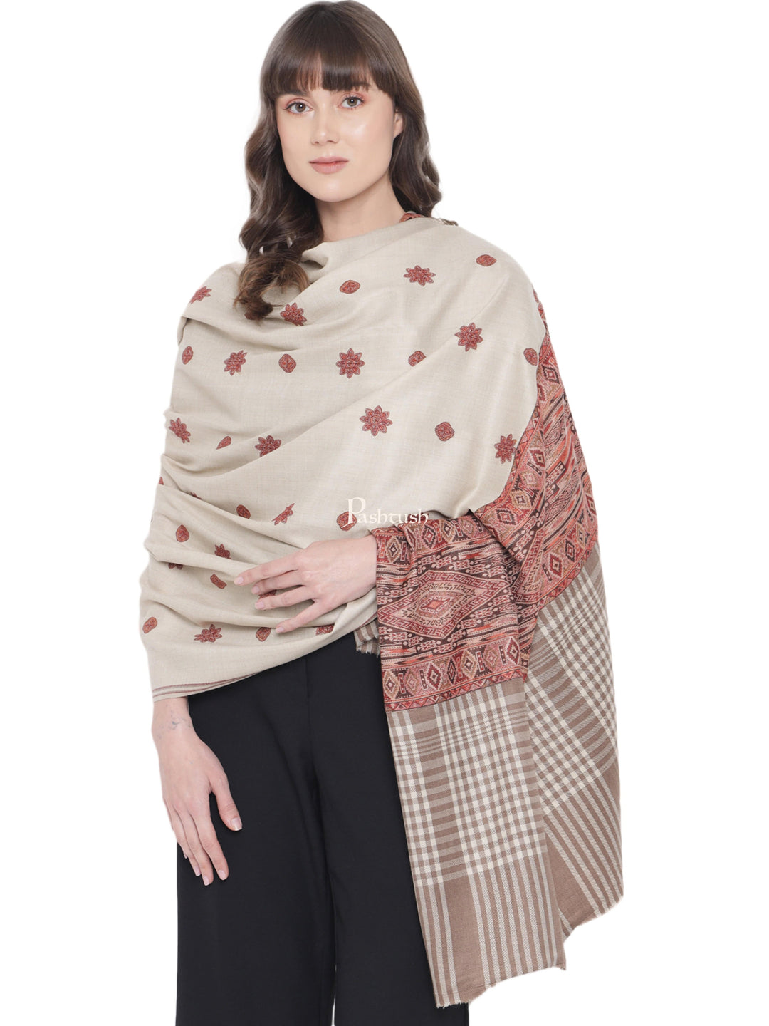 Pashtush India Womens Shawls Pashtush Womens Kashmiri Shawl, Woollen, Checkered Stitched Palla, Beige