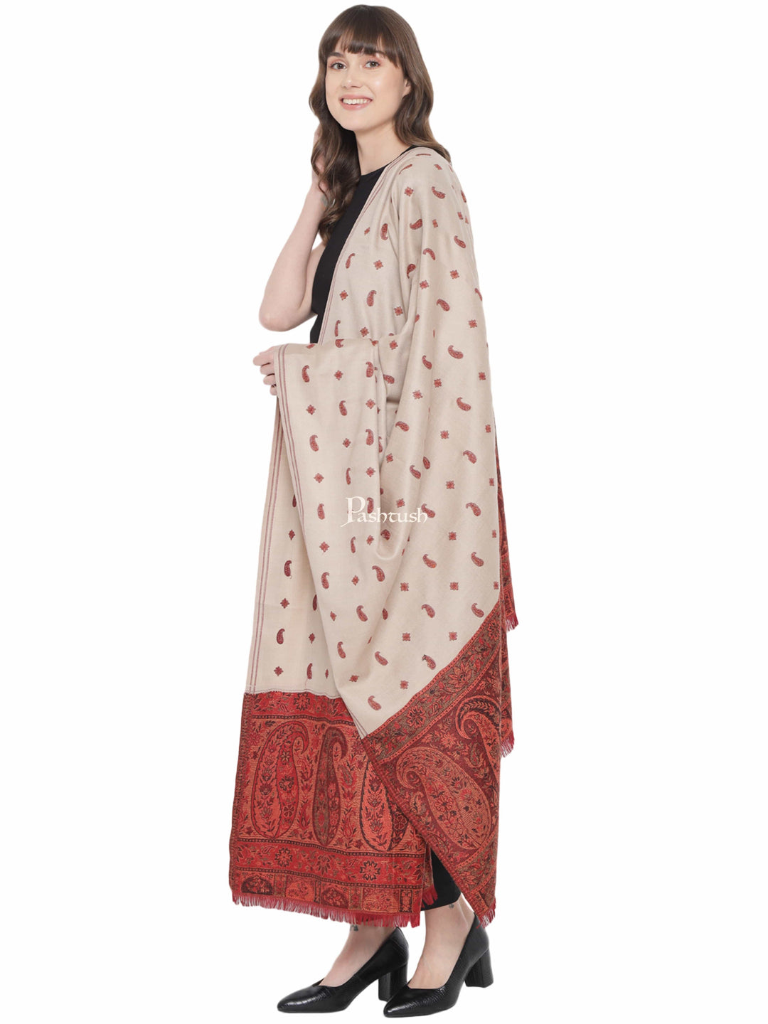 Pashtush India Womens Shawls Pashtush Womens Kashmiri Shawl, Woollen, Stitched Palla, Needlework, Embroidery Beige