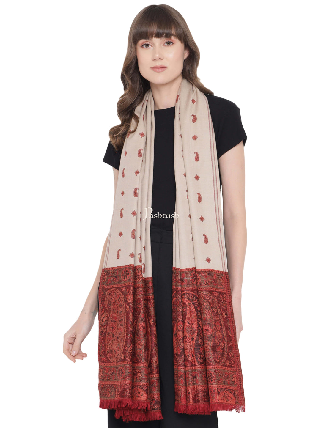 Pashtush India Womens Shawls Pashtush Womens Kashmiri Shawl, Woollen, Stitched Palla, Needlework, Embroidery Beige