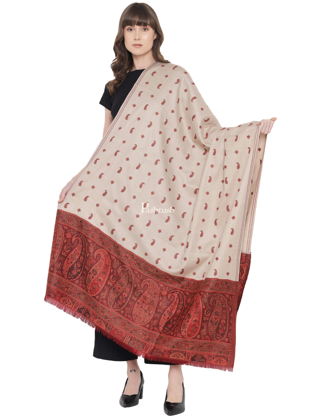 Pashtush India Womens Shawls Pashtush Womens Kashmiri Shawl, Woollen, Stitched Palla, Needlework, Embroidery Beige