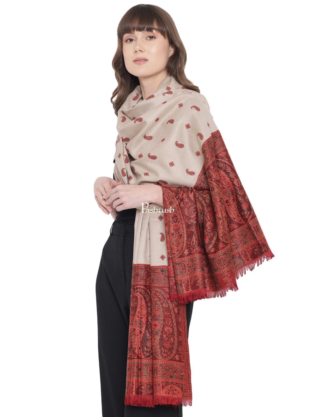 Pashtush India Womens Shawls Pashtush Womens Kashmiri Shawl, Woollen, Stitched Palla, Needlework, Embroidery Beige