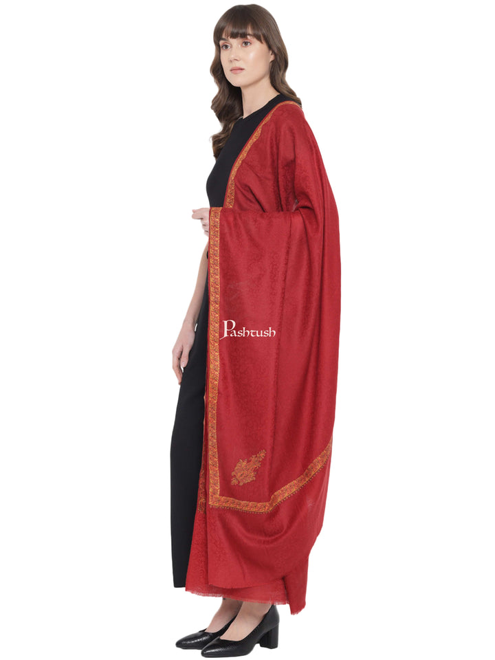 Pashtush India Womens Shawls Pashtush Womens Kingri Embroidery Shawl, Fine Wool, Border, Self Weave, Crimson