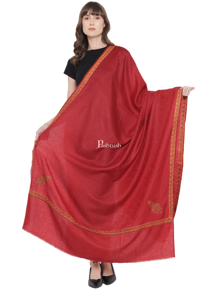 Pashtush India Womens Shawls Pashtush Womens Kingri Embroidery Shawl, Fine Wool, Border, Self Weave, Crimson