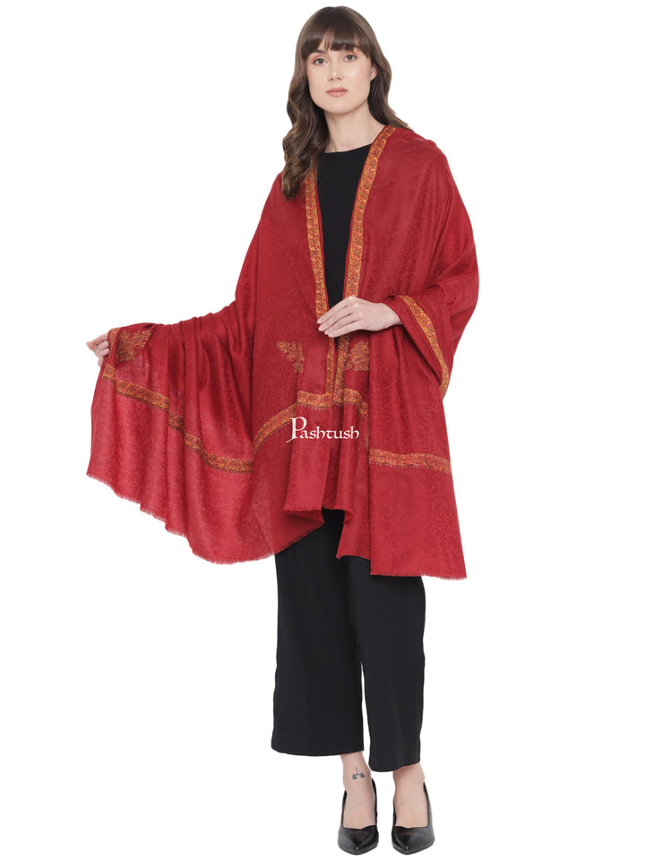 Pashtush India Womens Shawls Pashtush Womens Kingri Embroidery Shawl, Fine Wool, Border, Self Weave, Crimson