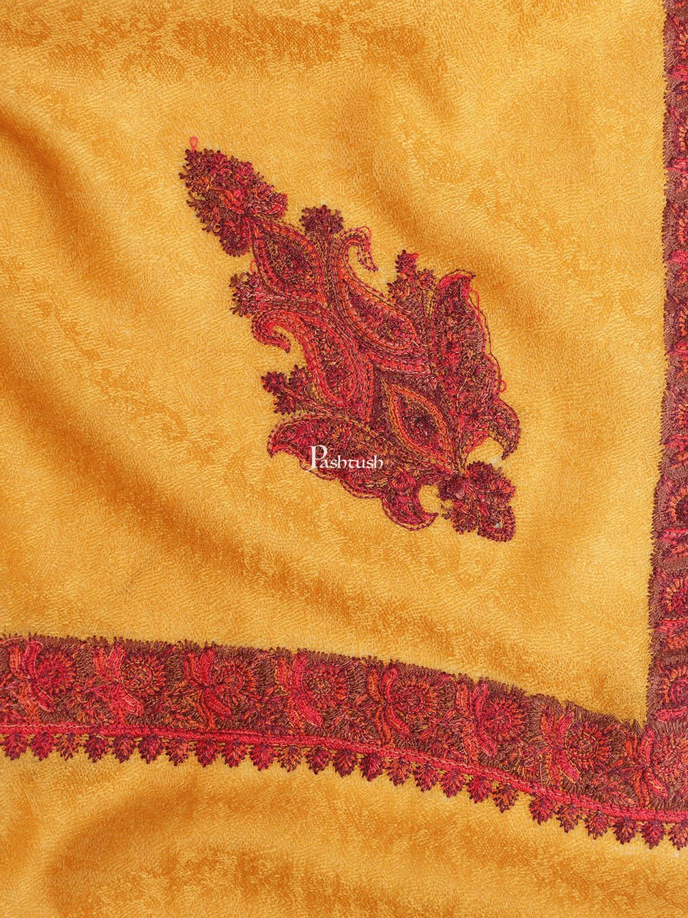 Pashtush India Womens Shawls Pashtush Womens Kingri Embroidery Shawl, Fine Wool, Border, Self Weave, Mustard