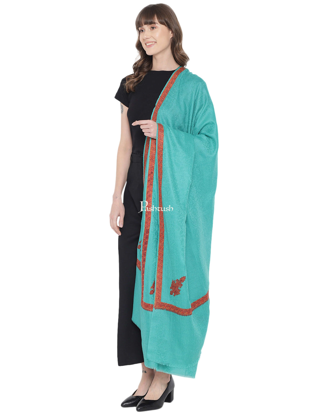 Pashtush India Womens Shawls Pashtush Womens Kingri Embroidery Shawl, Fine Wool, Border, Self Weave, Turkish Green
