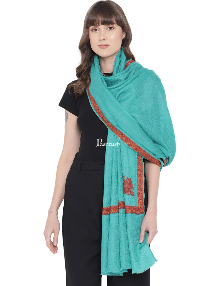 Pashtush India Womens Shawls Pashtush Womens Kingri Embroidery Shawl, Fine Wool, Border, Self Weave, Turkish Green