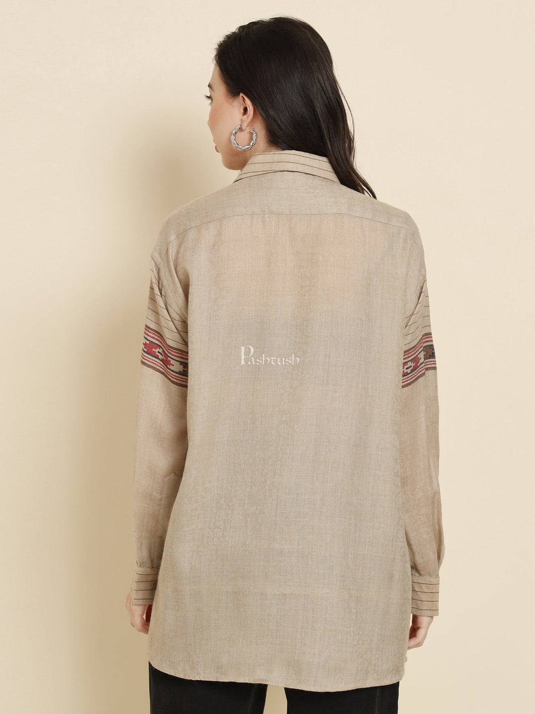 Pashtush India Womens Shirt Pashtush Womens Oversized Casual Woollen Shirt, Beige