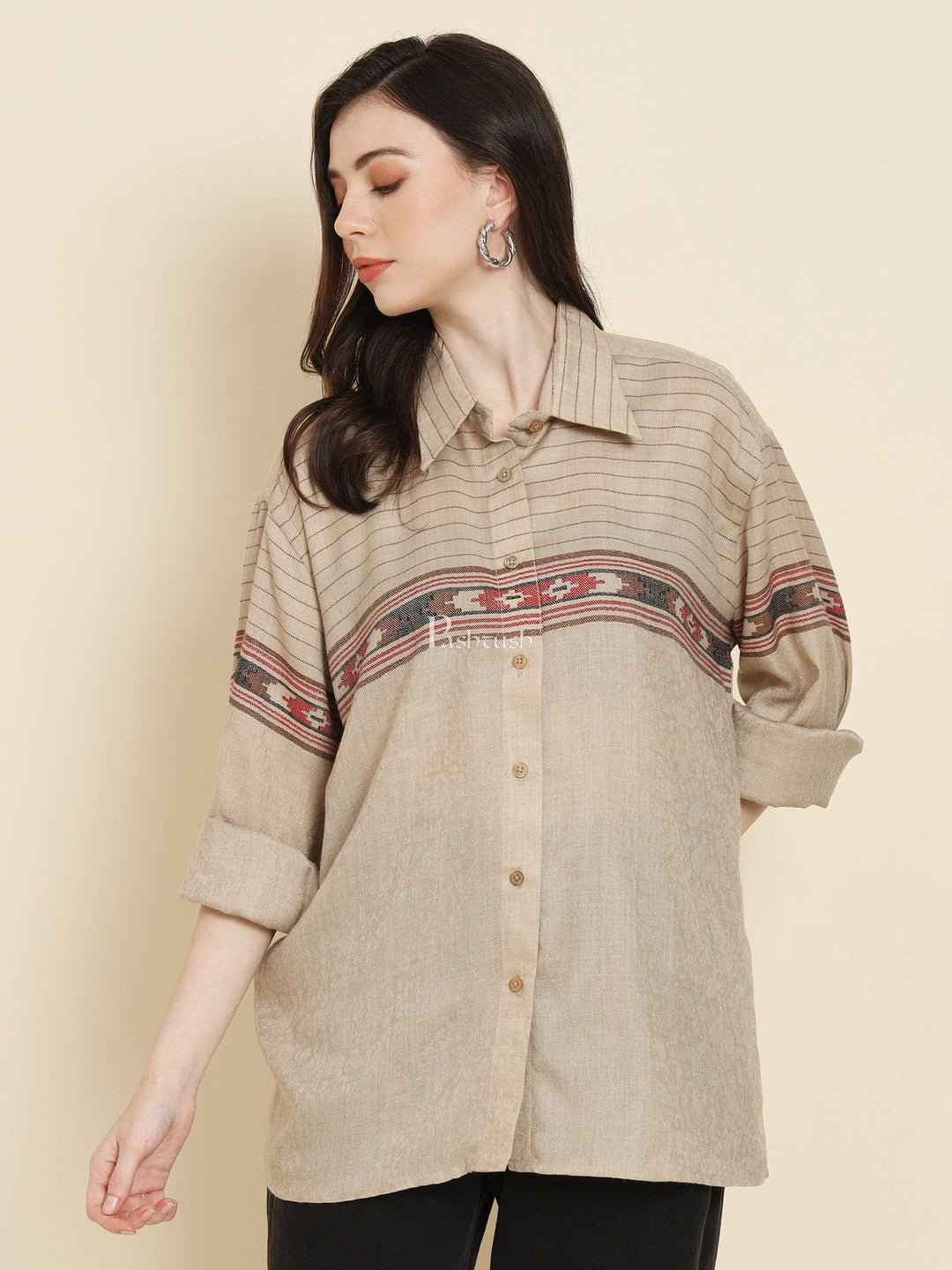 Pashtush Womens Oversized Casual Woollen Shirt, Beige