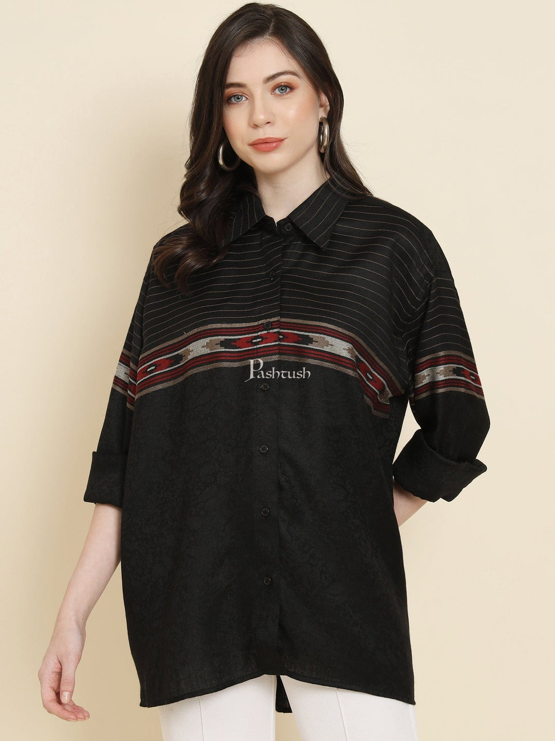 Pashtush India Womens Shirt Pashtush Womens Oversized Casual Woollen Shirt, Black