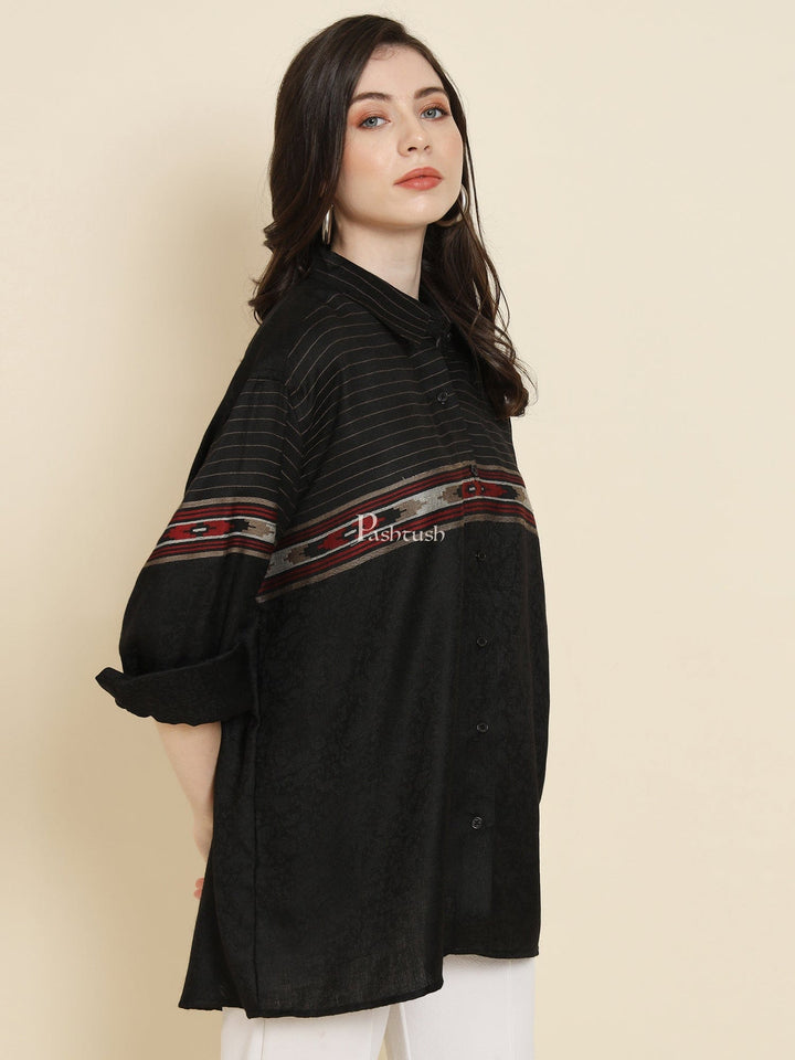 Pashtush India Womens Shirt Pashtush Womens Oversized Casual Woollen Shirt, Black