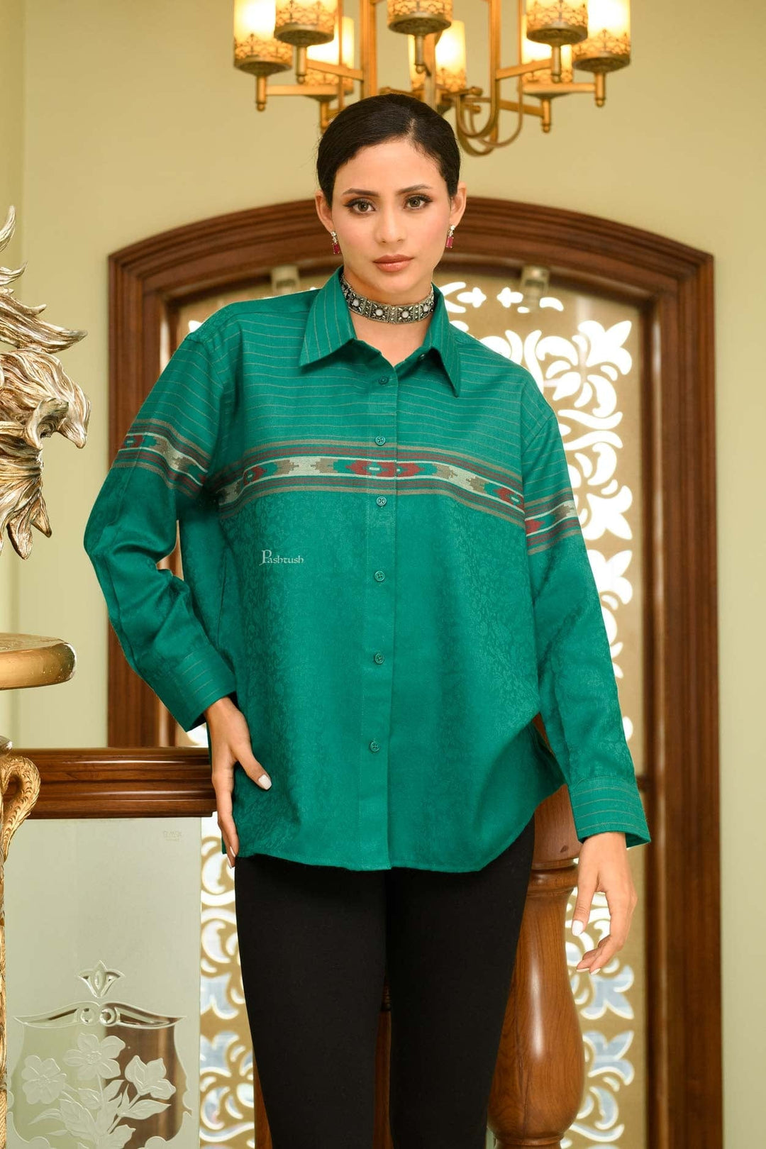 Pashtush India Womens Shirt Pashtush Womens Oversized Casual Woollen Shirt, Bottle Green