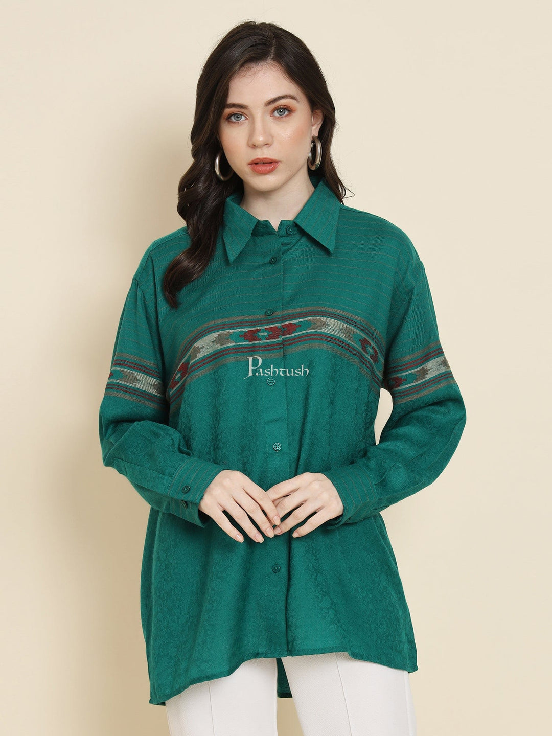 Pashtush India Womens Shirt Pashtush Womens Oversized Casual Woollen Shirt, Bottle Green