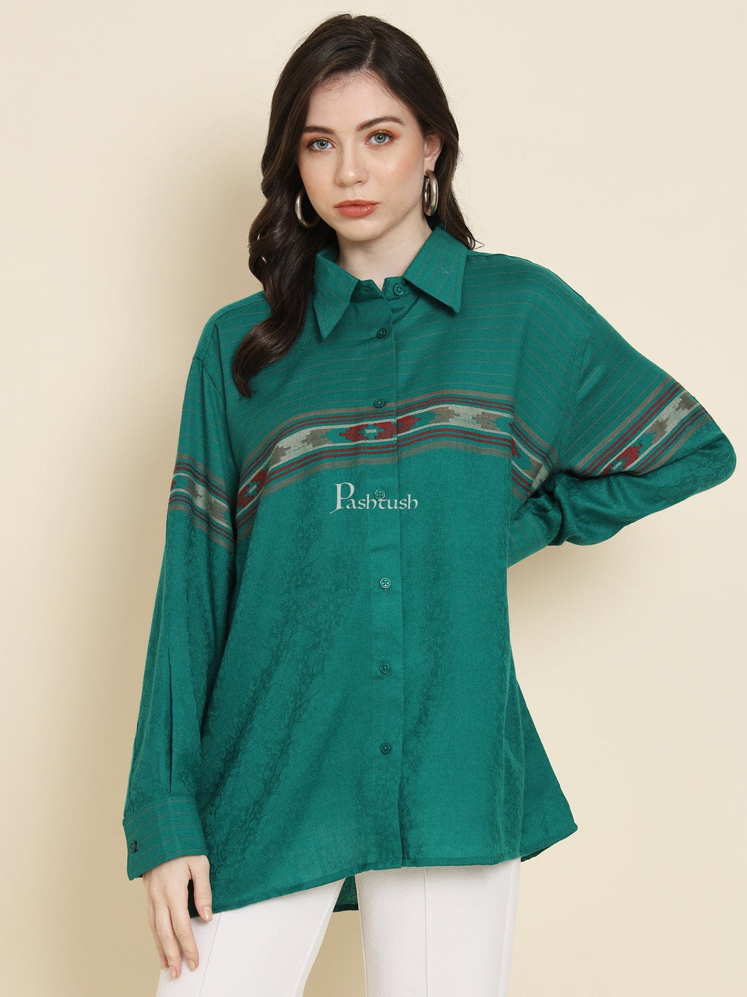 Pashtush India Womens Shirt Pashtush Womens Oversized Casual Woollen Shirt, Bottle Green