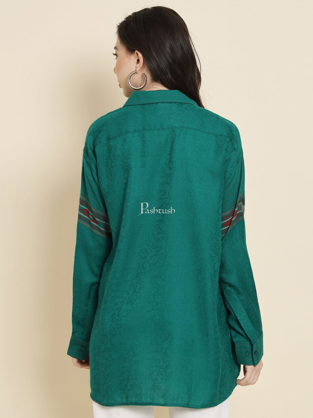 Pashtush India Womens Shirt Pashtush Womens Oversized Casual Woollen Shirt, Bottle Green