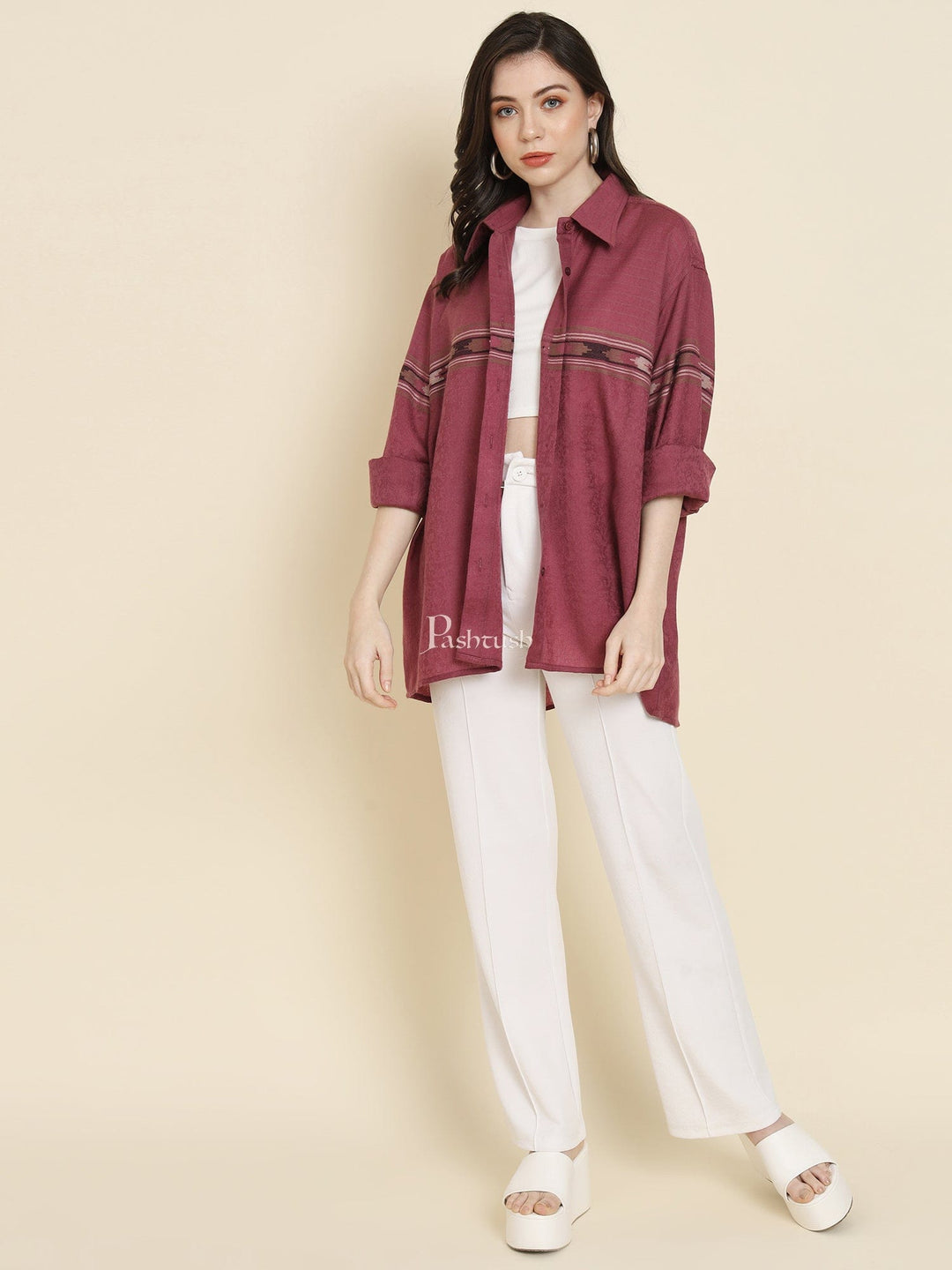 Pashtush India Womens Shirt Pashtush Womens Oversized Casual Woollen Shirt, Burgundy