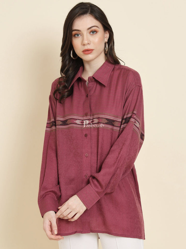 Pashtush India Womens Shirt Pashtush Womens Oversized Casual Woollen Shirt, Burgundy