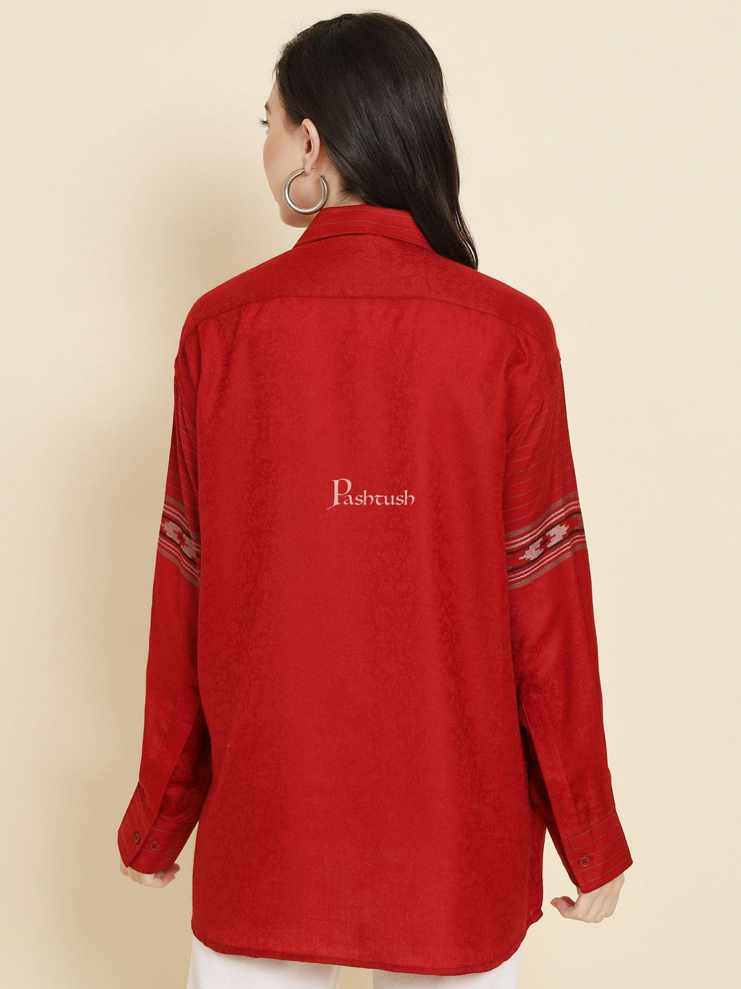 Pashtush India Womens Shirt Pashtush Womens Oversized Casual Woollen Shirt, Cherry Red