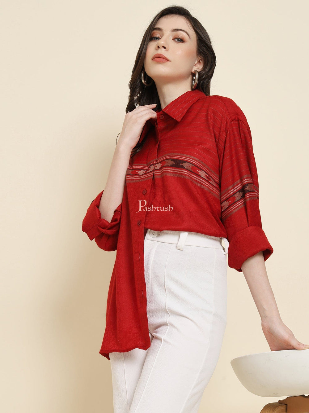 Pashtush India Womens Shirt Pashtush Womens Oversized Casual Woollen Shirt, Cherry Red