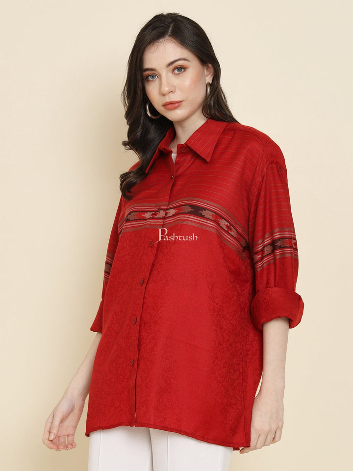 Pashtush India Womens Shirt Pashtush Womens Oversized Casual Woollen Shirt, Cherry Red