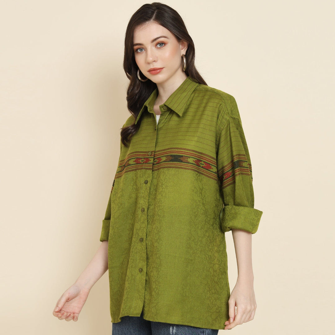 Pashtush India Womens Shirt Pashtush Womens Oversized Casual Woollen Shirt, Emerald Green