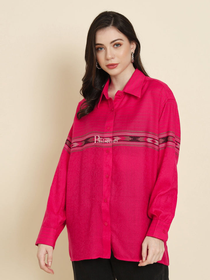 Pashtush India Womens Shirt Pashtush Womens Oversized Casual Woollen Shirt, Hot Pink