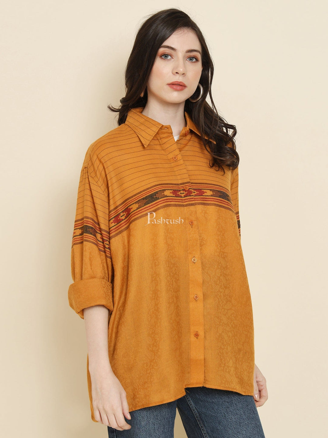 Pashtush India Womens Shirt Pashtush Womens Oversized Casual Woollen Shirt, Mustard