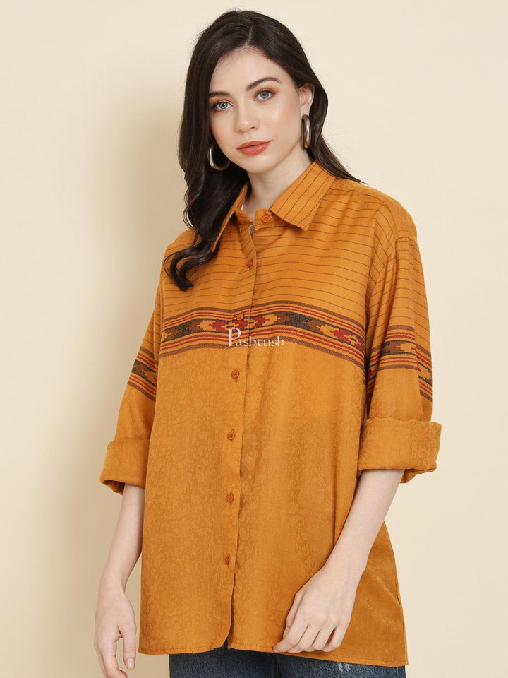 Pashtush India Womens Shirt Pashtush Womens Oversized Casual Woollen Shirt, Mustard