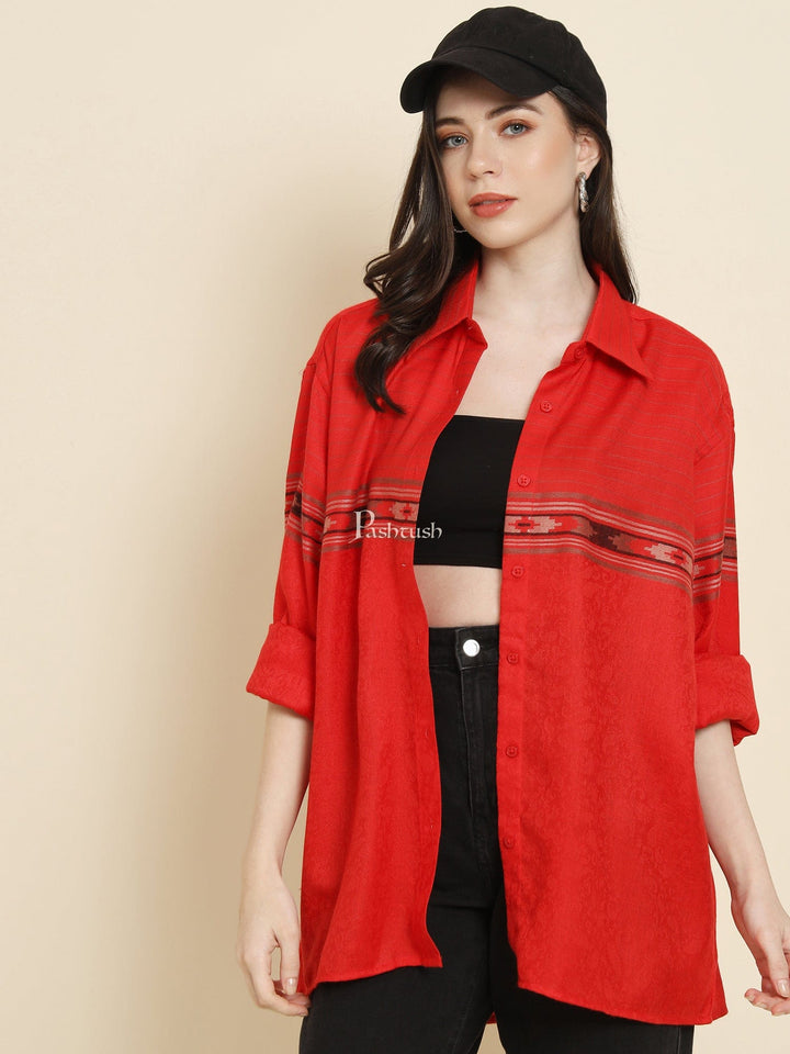 Pashtush India Womens Shirt Pashtush Womens Oversized Casual Woollen Shirt, Red