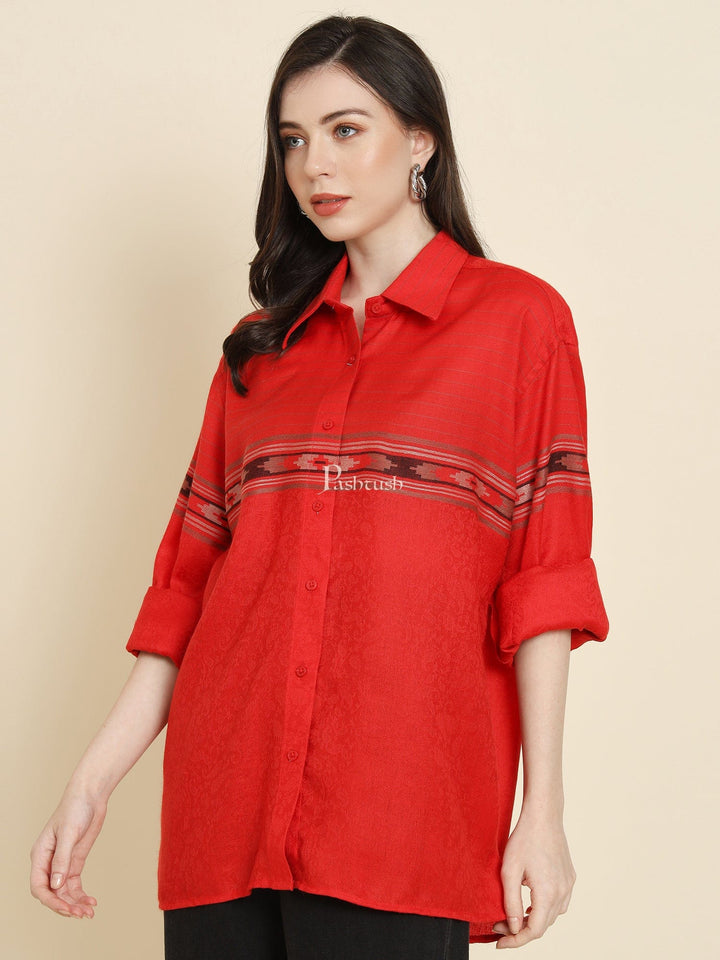 Pashtush India Womens Shirt Pashtush Womens Oversized Casual Woollen Shirt, Red