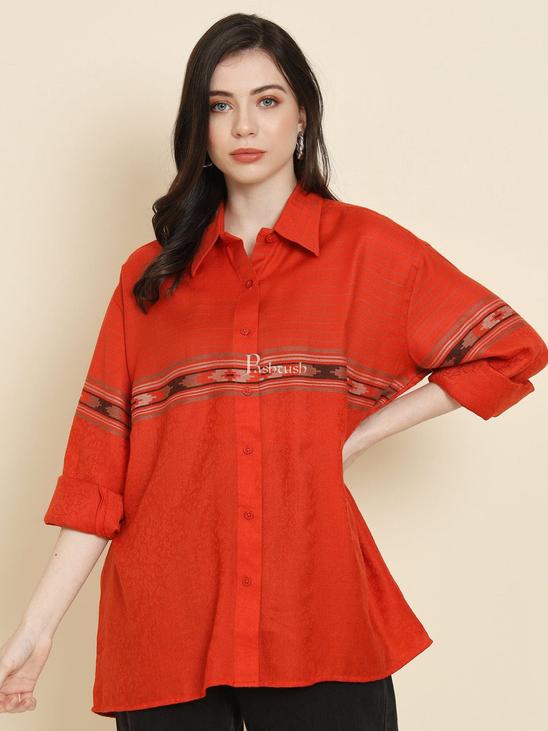 Pashtush India Womens Shirt Pashtush Womens Oversized Casual Woollen Shirt, Scarlet Red