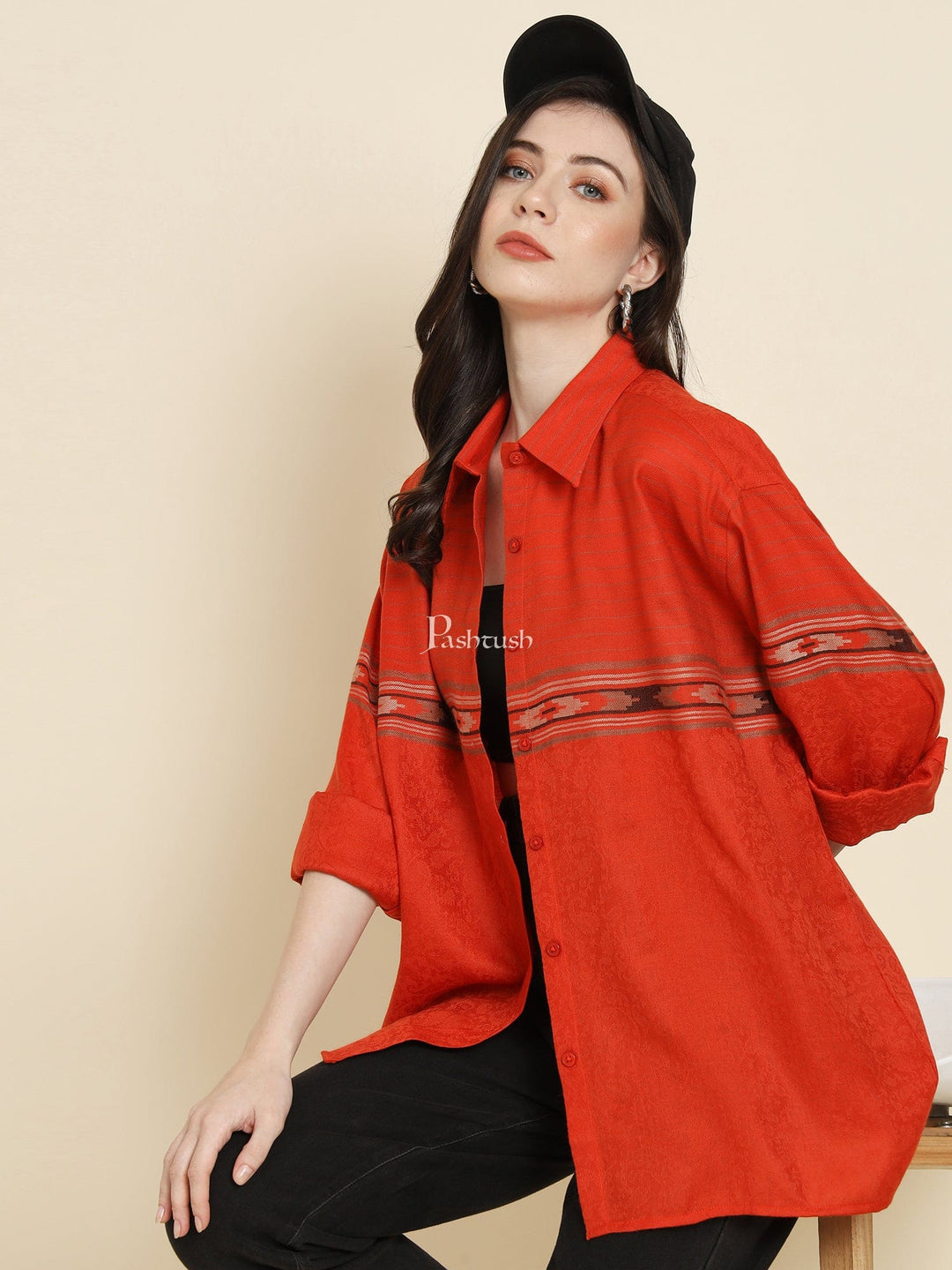 Pashtush India Womens Shirt Pashtush Womens Oversized Casual Woollen Shirt, Scarlet Red