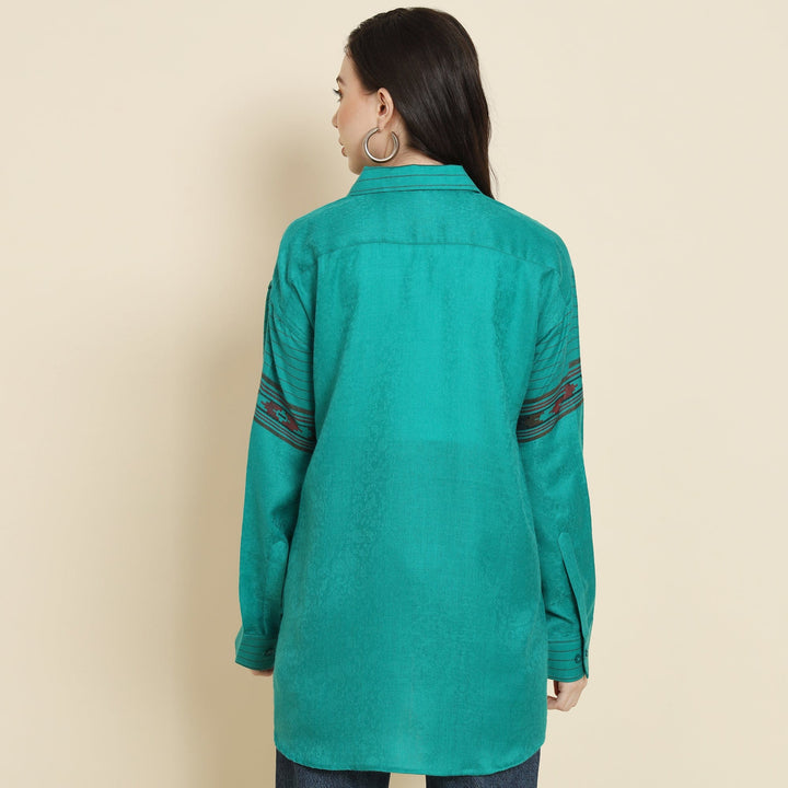 Pashtush India Womens Shirt Pashtush Womens Oversized Casual Woollen Shirt, Sea Green