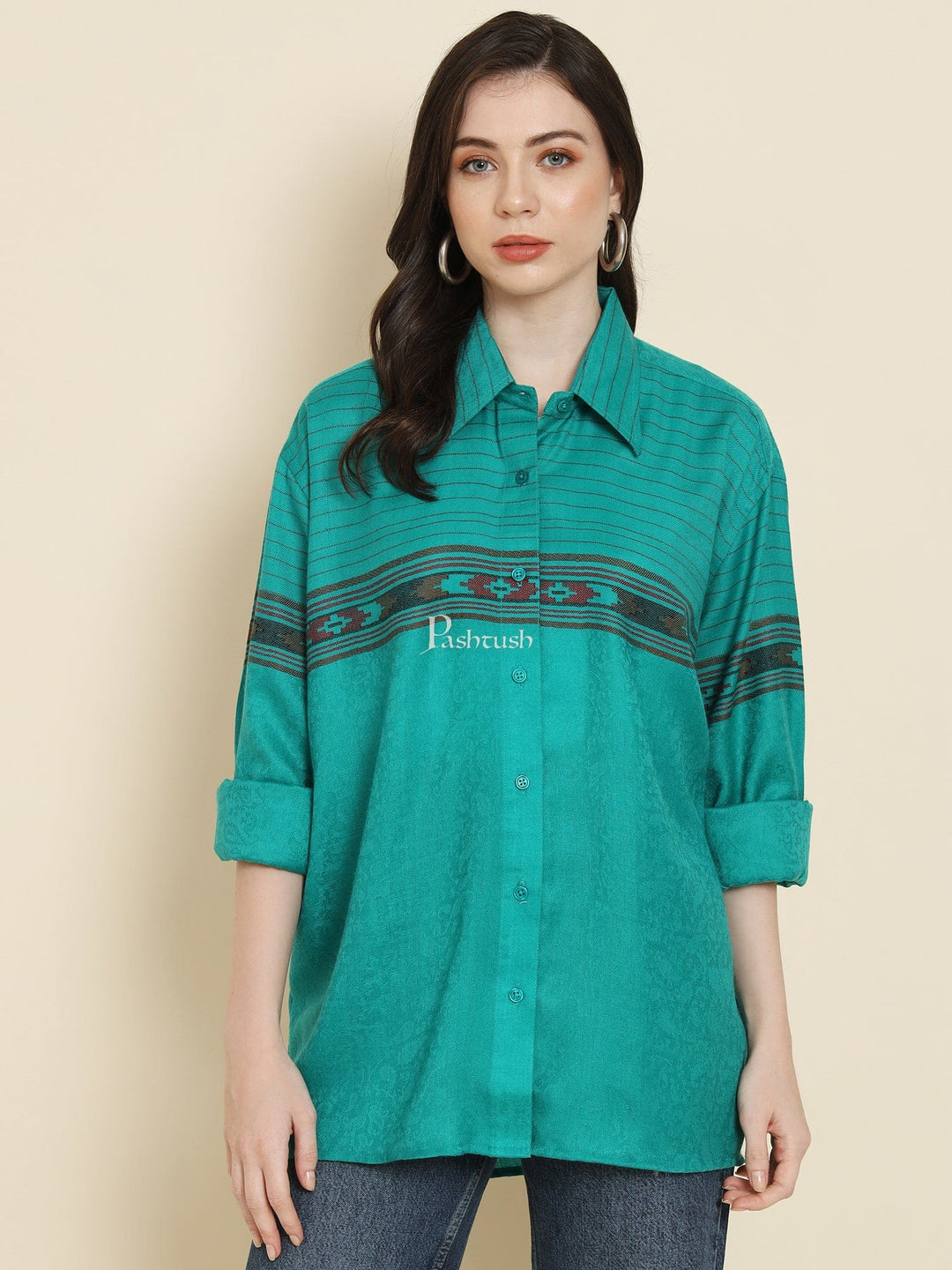 Pashtush India Womens Shirt Pashtush Womens Oversized Casual Woollen Shirt, Sea Green