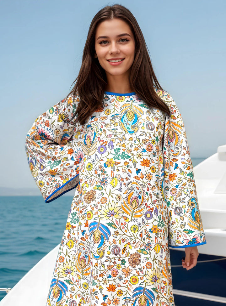 Pashtush India Womens Shirt Pashtush Womens Oversized Ruffled Shirt Dress, Chanting Paisleys