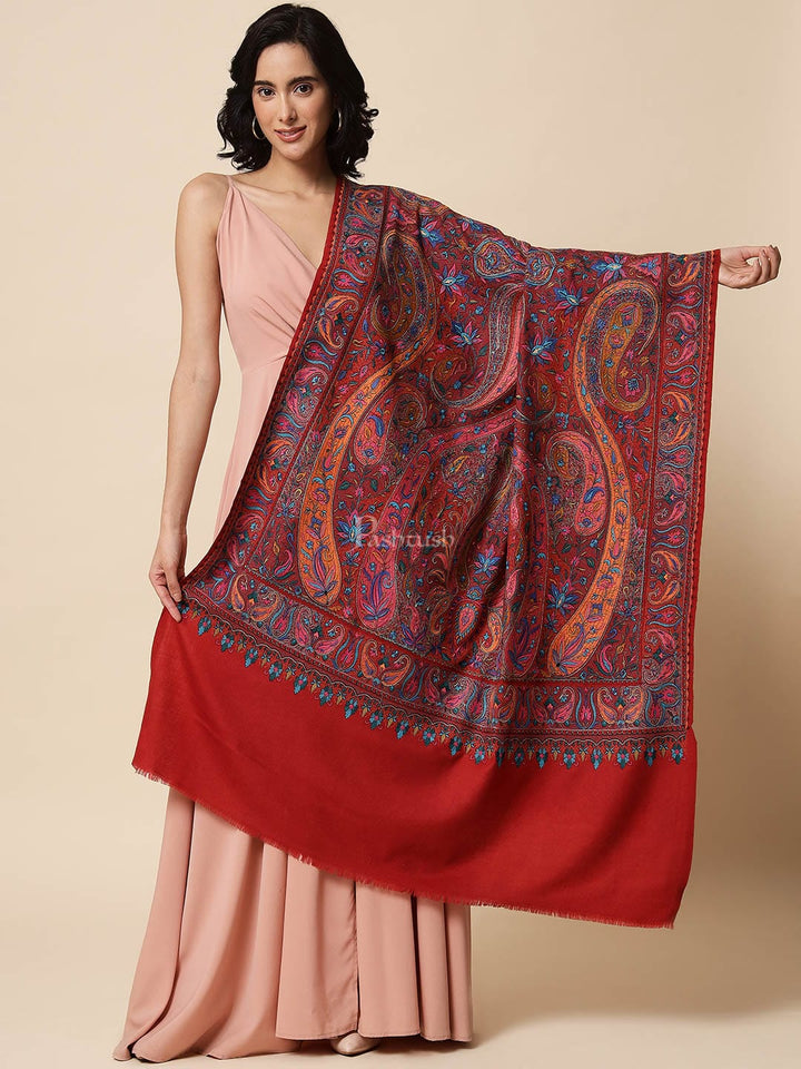Pashtush India Womens Shawls Pashtush Womens Papier Machè Embroidery Jaal Shawl, Extra Fine Wool - Crimson