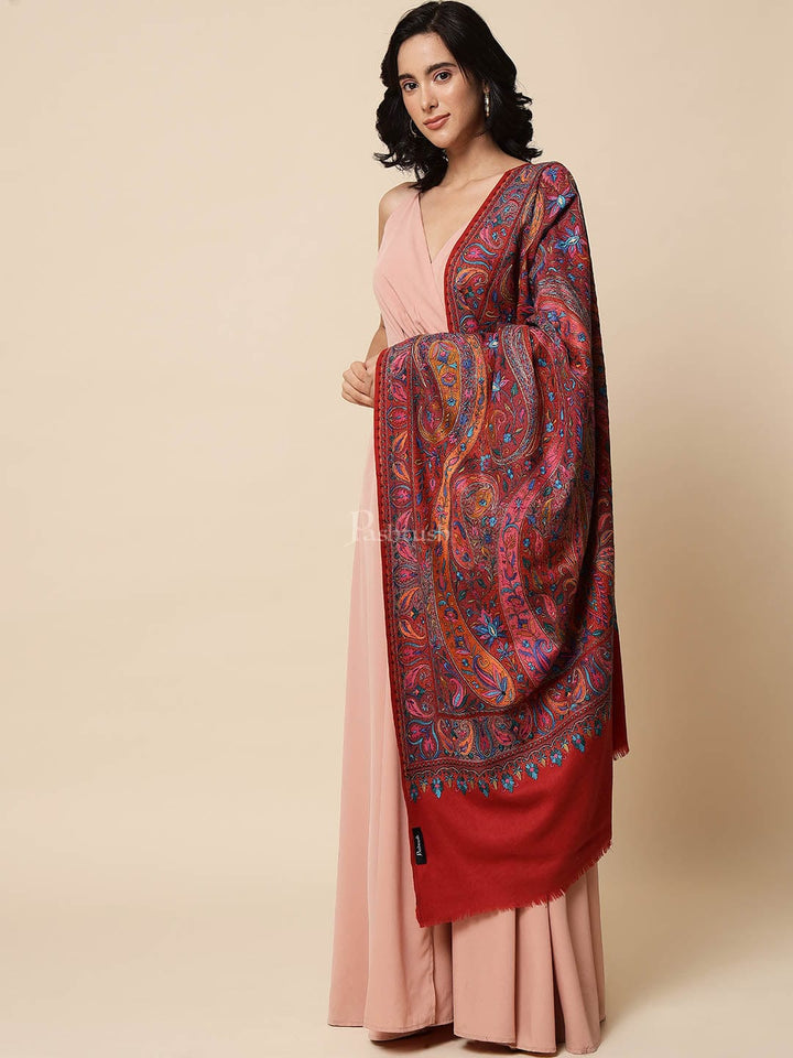 Pashtush India Womens Shawls Pashtush Womens Papier Machè Embroidery Jaal Shawl, Extra Fine Wool - Crimson