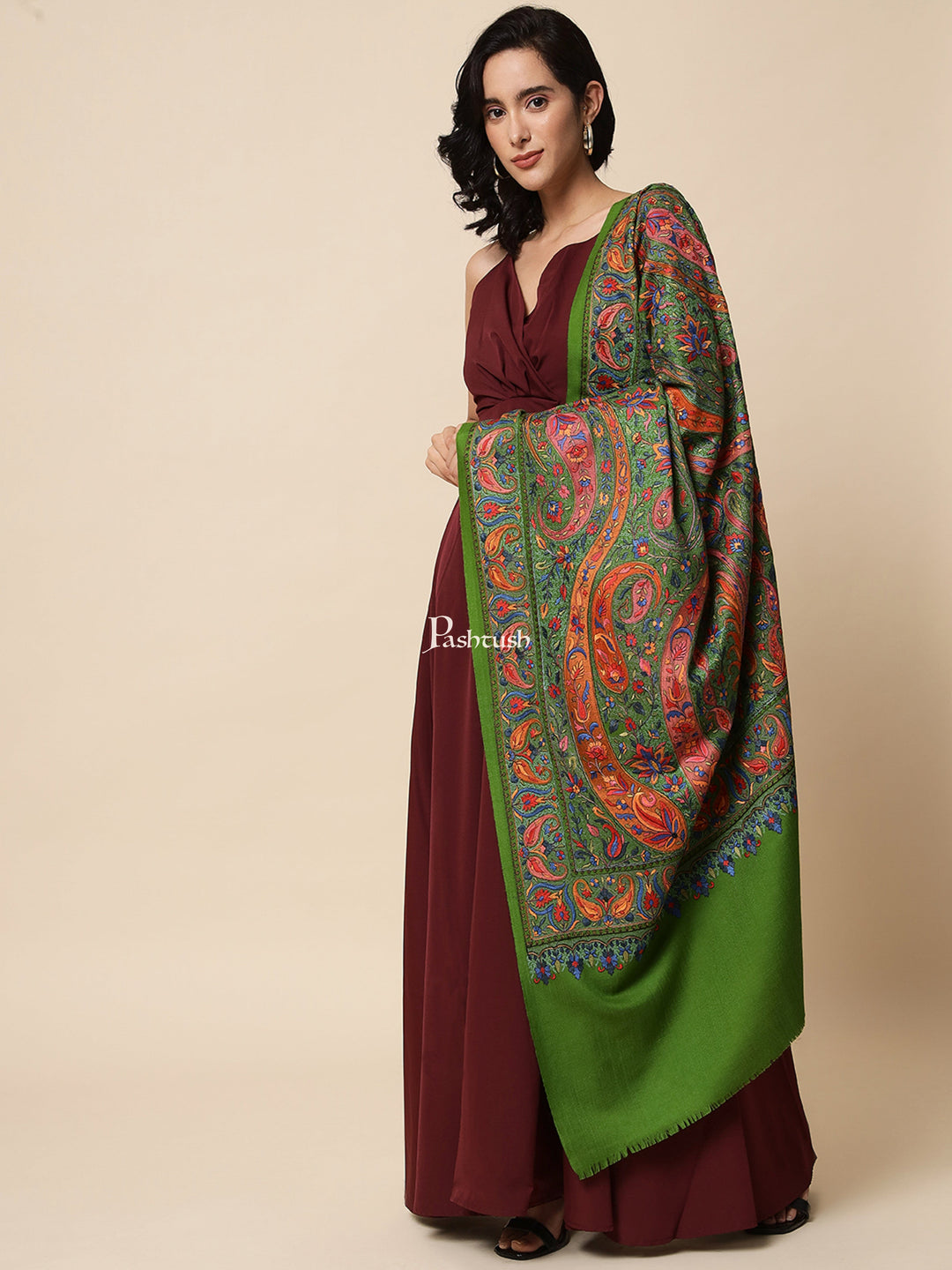 Pashtush India Womens Shawls Pashtush Womens Papier Machè Embroidery Jaal Shawl, Extra Fine Wool - Emerald Green