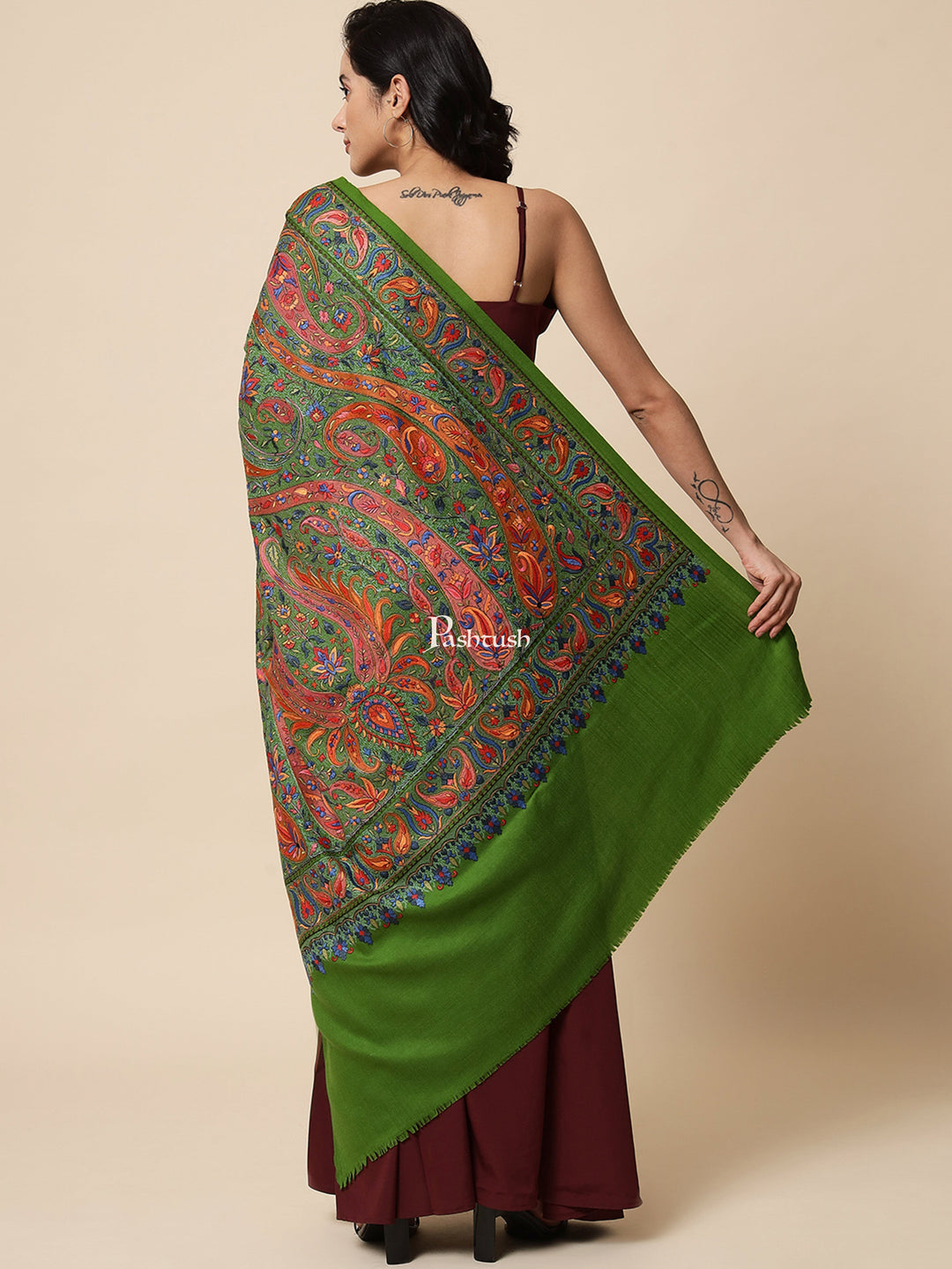 Pashtush India Womens Shawls Pashtush Womens Papier Machè Embroidery Jaal Shawl, Extra Fine Wool - Emerald Green