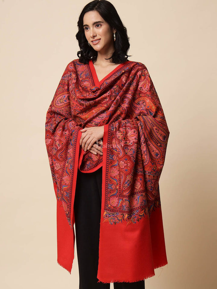 Pashtush India Womens Shawls Pashtush Womens Papier Machè Embroidery Jaal Shawl, Extra Fine Wool - Scarlet Red