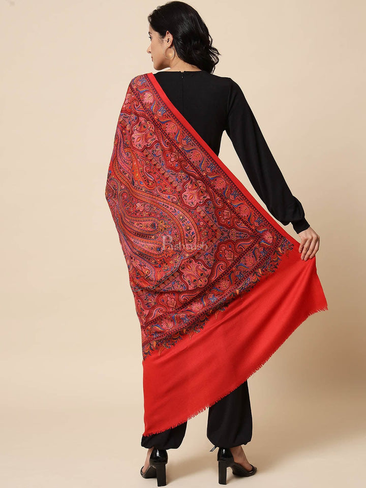 Pashtush India Womens Shawls Pashtush Womens Papier Machè Embroidery Jaal Shawl, Extra Fine Wool - Scarlet Red