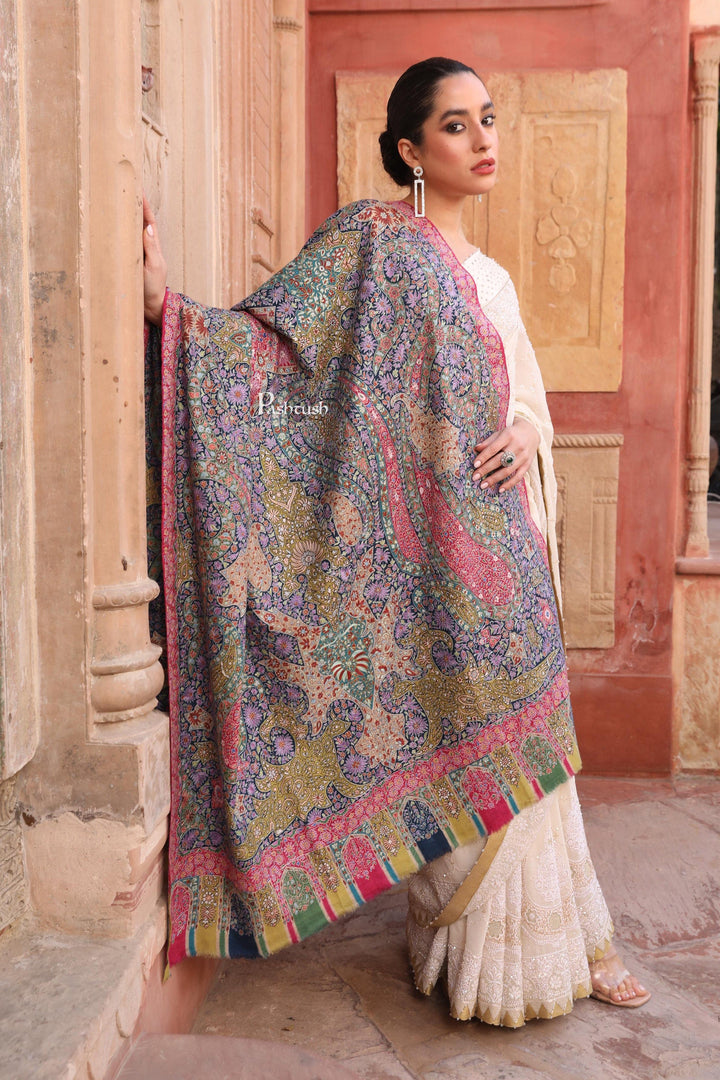 Pashtush India Womens Shawls Pashtush Womens Pashmina Kalamkari Shawl, Hand Painted And Embroidered Kalamkari, Hand Woven