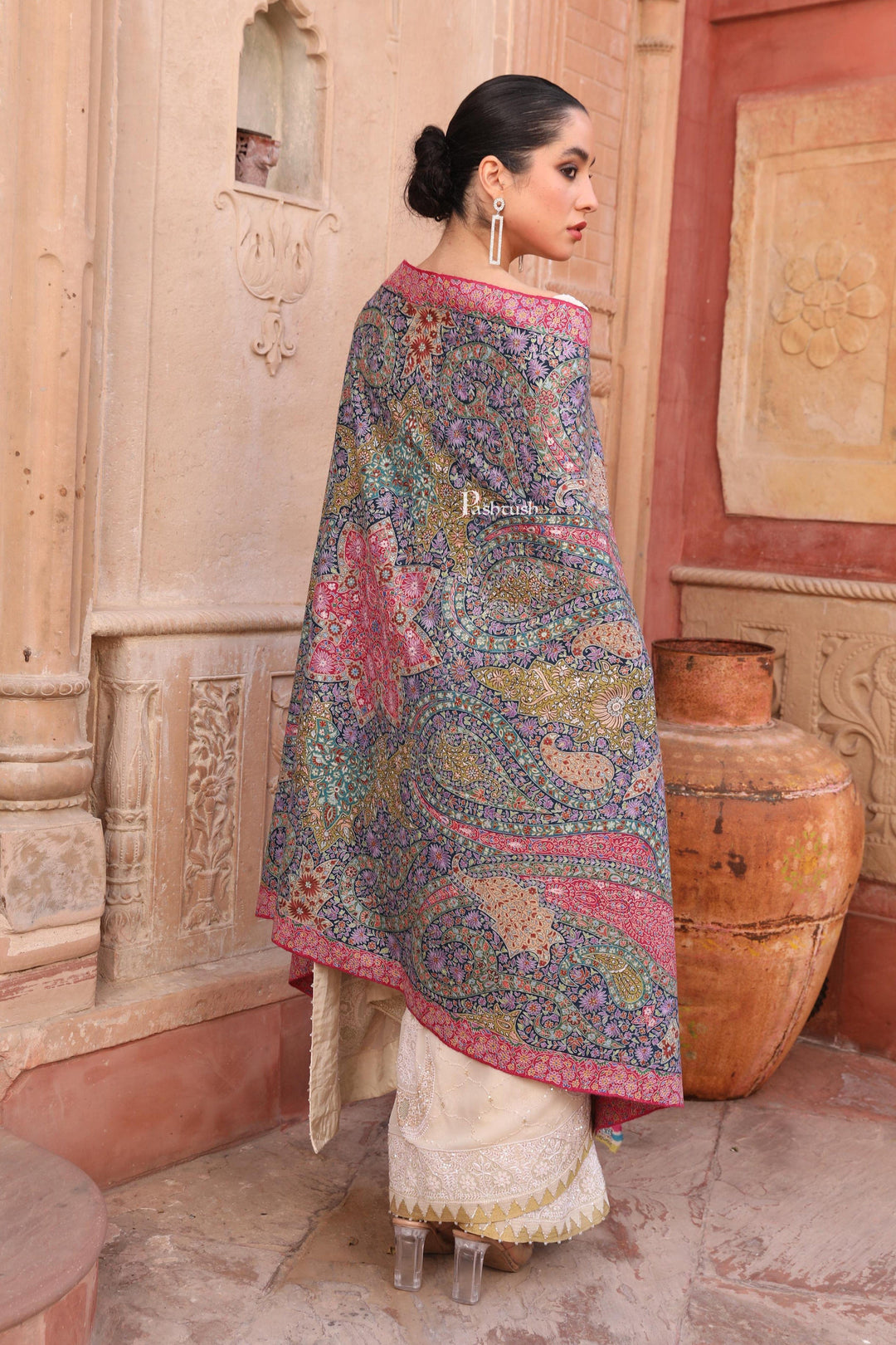 Pashtush India Womens Shawls Pashtush Womens Pashmina Kalamkari Shawl, Hand Painted And Embroidered Kalamkari, Hand Woven