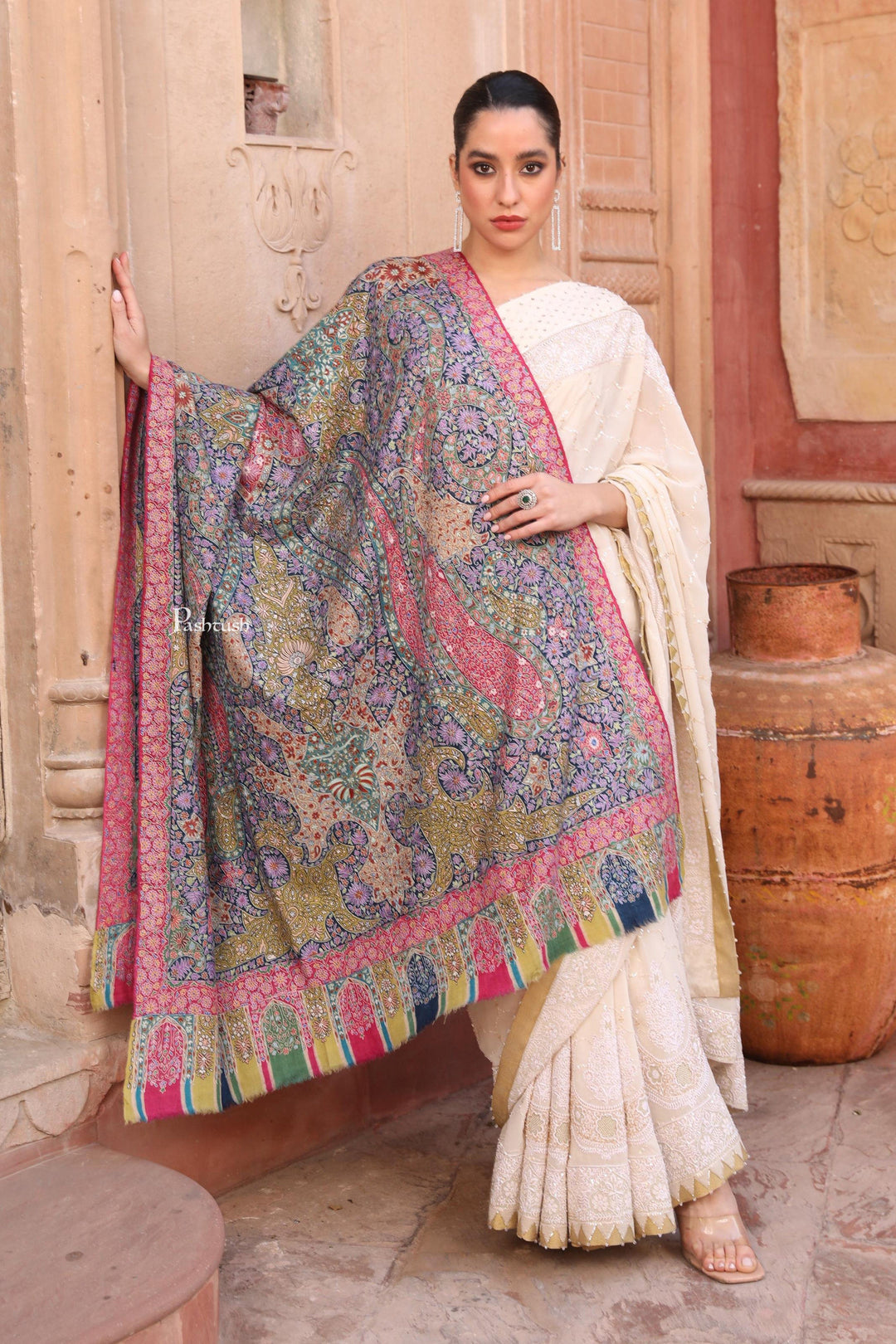 Pashtush India Womens Shawls Pashtush Womens Pashmina Kalamkari Shawl, Hand Painted And Embroidered Kalamkari, Hand Woven