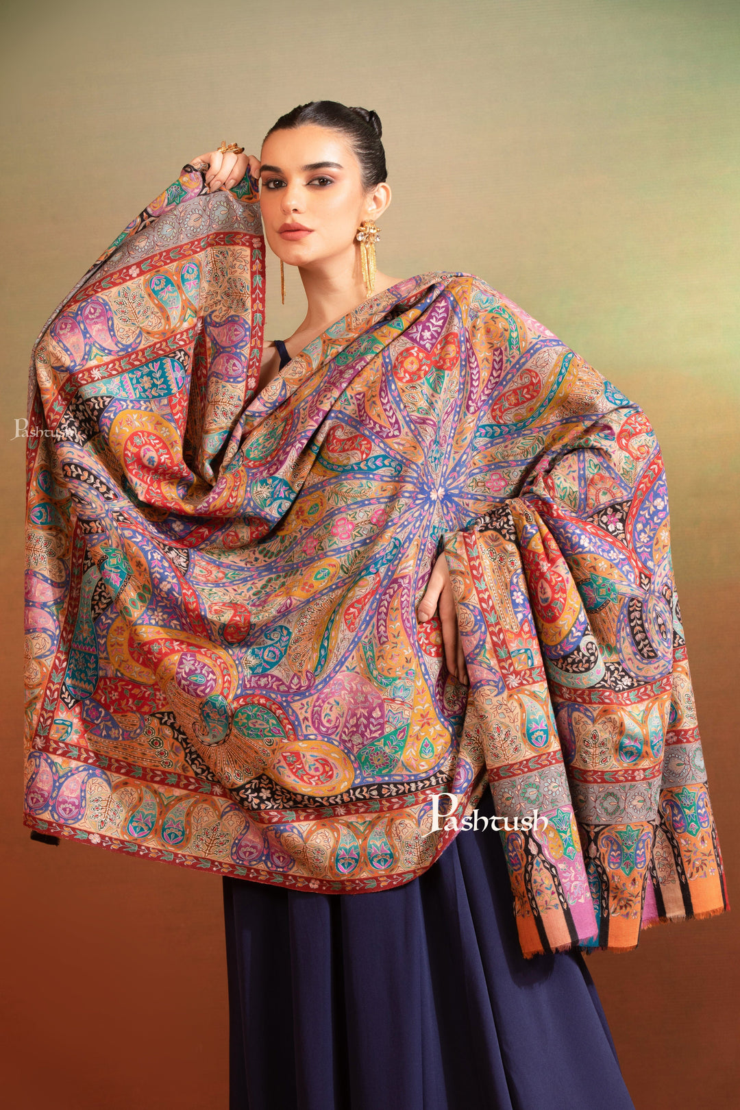 Pashtush Womens Pashmina Kalamkari Shawl, Hand Painted And Embroidered Kalamkari, Handloom