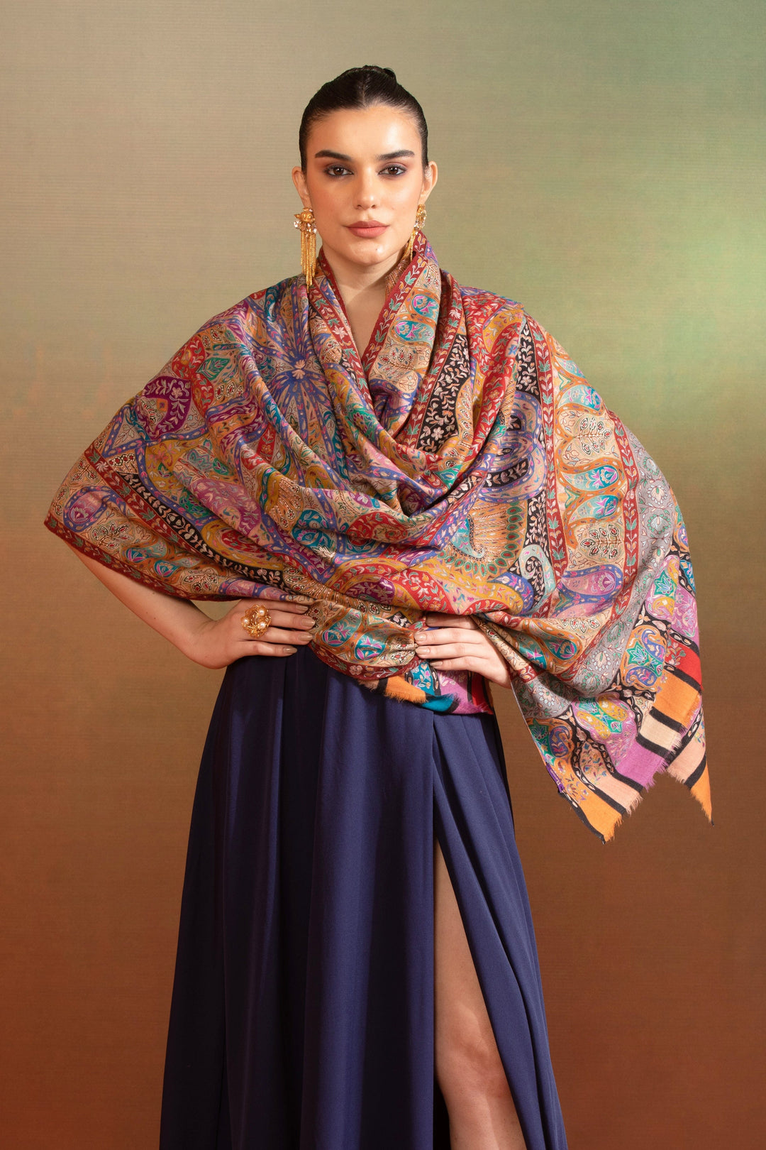 Pashtush India Womens Shawls Pashtush Womens Pashmina Kalamkari Shawl, Hand Painted And Embroidered Kalamkari, Handloom