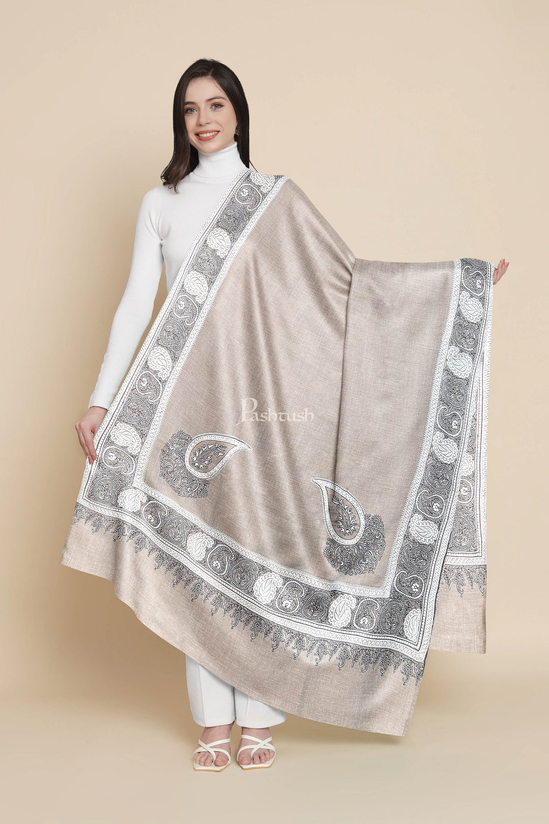 Pashtush India Womens Shawls Pashtush Womens Pashmina Shawl, Chaandi Taar Daur with Real Silver Embroidery, Border, Beige