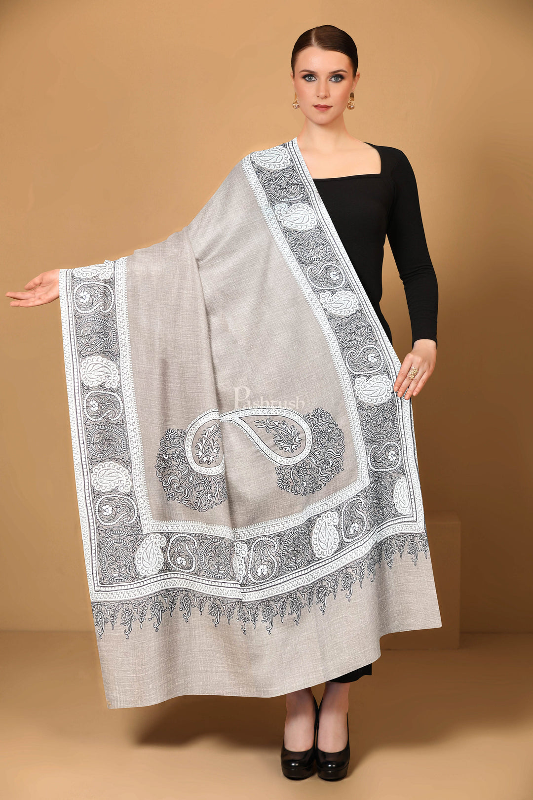 Pashtush India Womens Shawls Pashtush Womens Pashmina Shawl, Chaandi Taar Daur with Real Silver Embroidery, Border, Beige