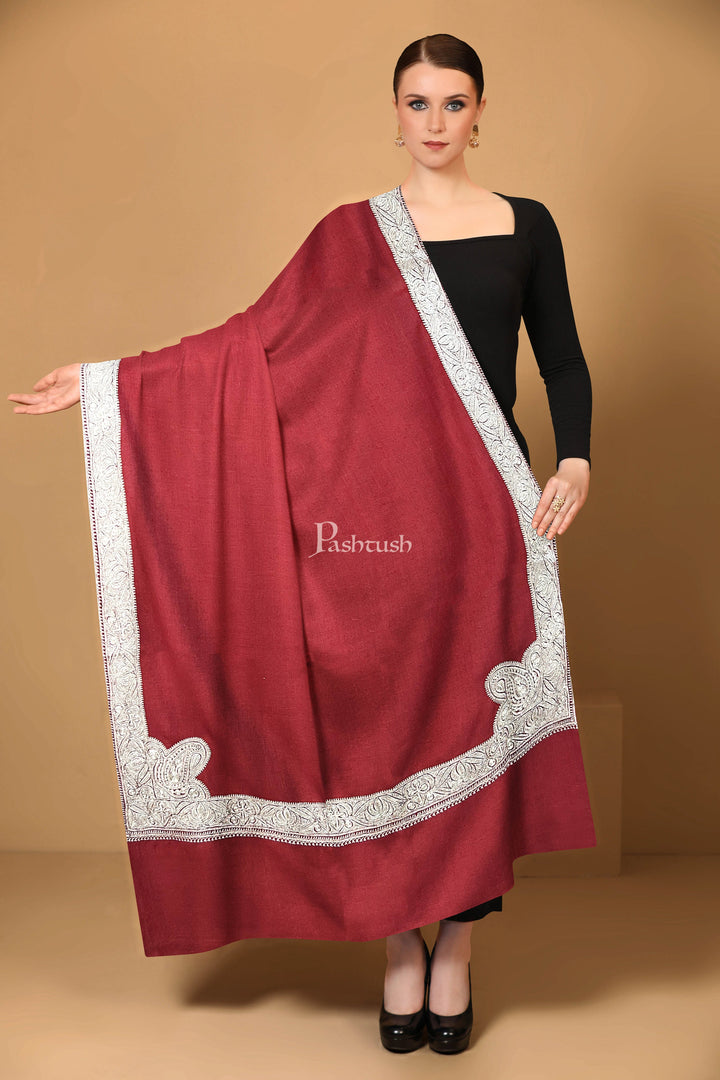 Pashtush India Womens Shawls Pashtush Womens Pashmina Shawl, Chaandi Taar Daur with Real Silver Embroidery, Border, Maroon